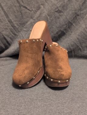 Time and Tru Brown Suede Studded Platform Mules